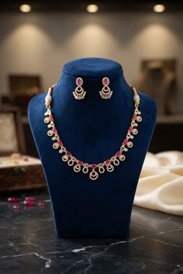 Rani Pink Gold Plated Stone Necklace Set With Earrings