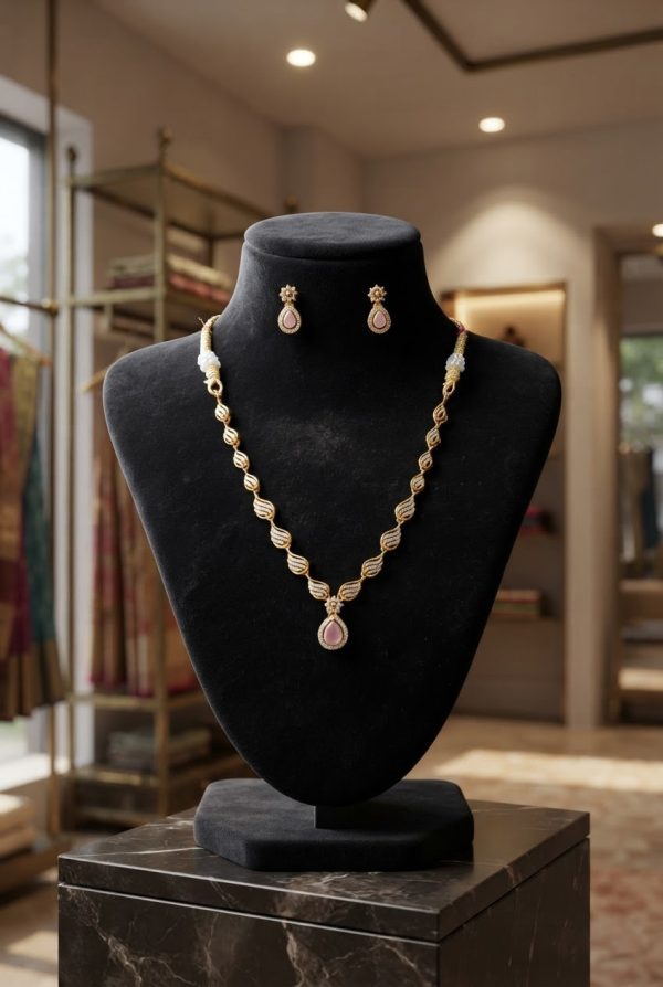 Gold Plated Pastel Pink Stone Necklace Set With Earrings