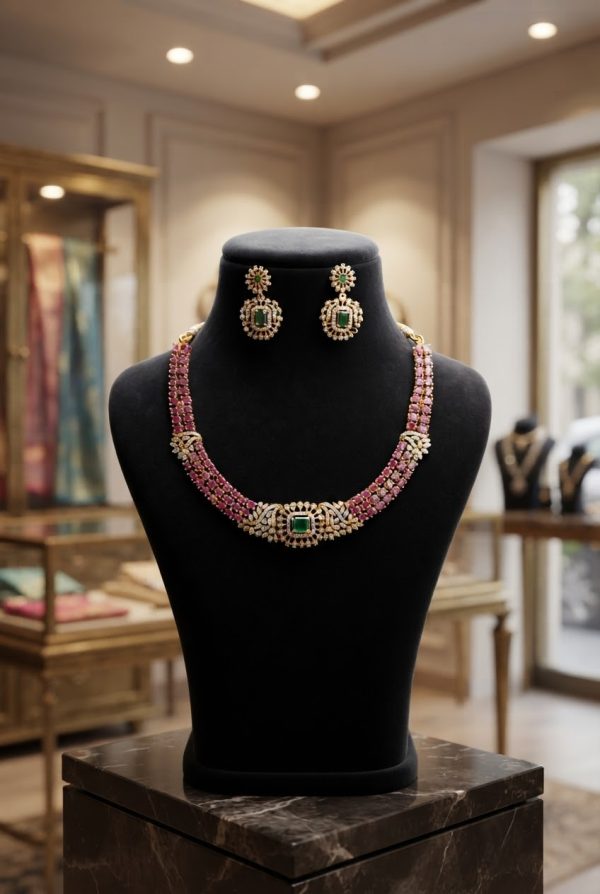Rani Pink Stone Choker Necklace Set With Earrings