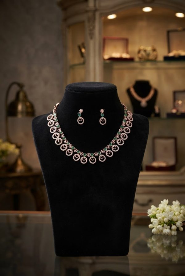 Emerald Green Rose Gold Plated Necklace Set With Earrings