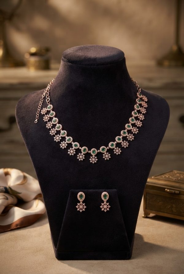Rose Gold Emerald Green Floral Design Necklace Set