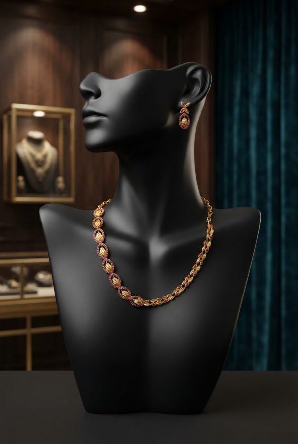 Gold Plated Necklace Set & Earrings With Rani Pink Stone