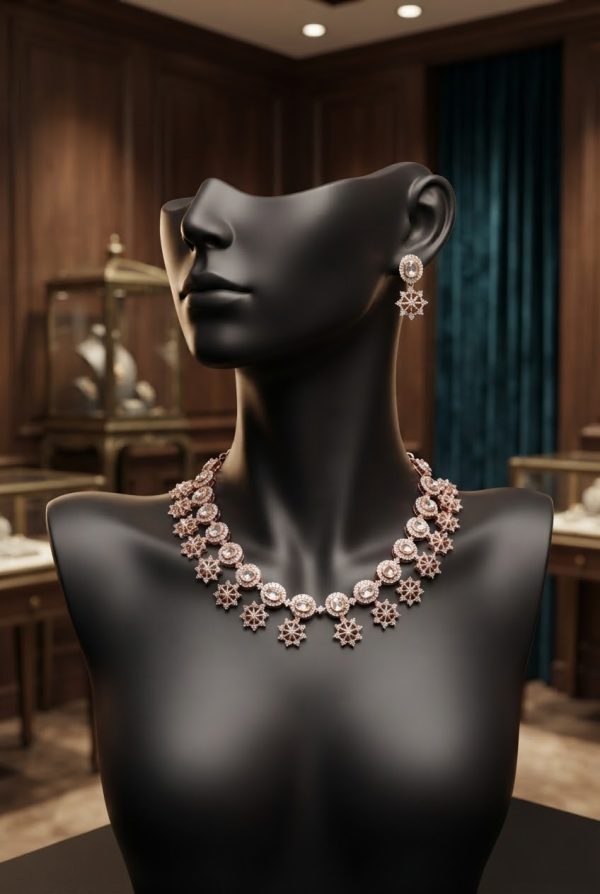 Rose Gold Floral Design Necklace Set With White Stone