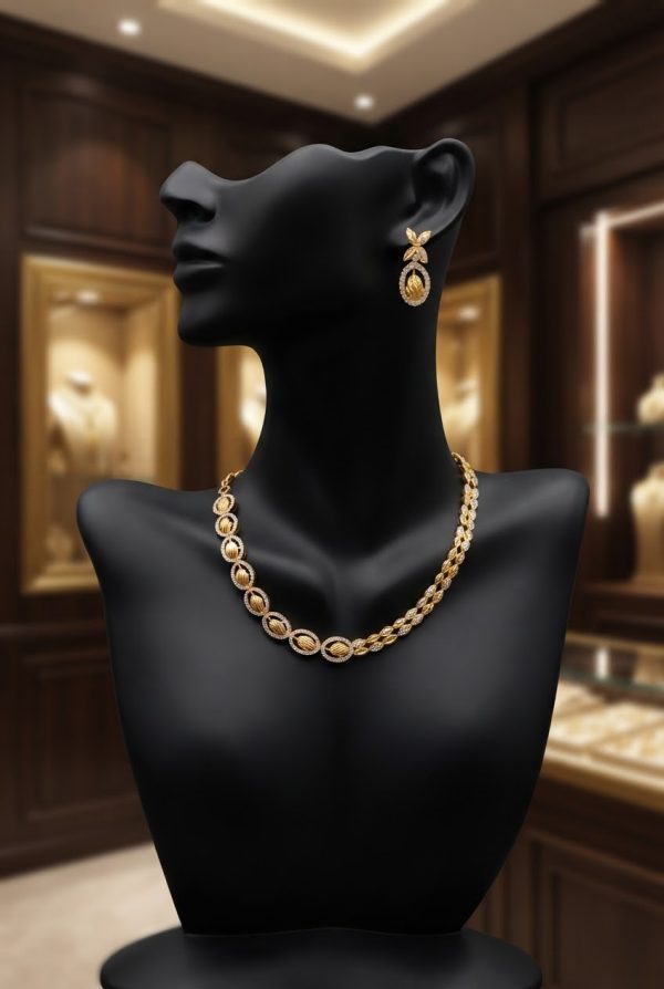 Gold Plated Necklace Set & Earrings With White Stone