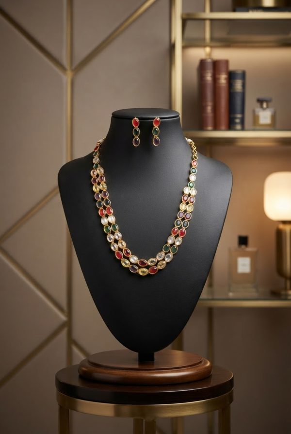 Navaratna Multicolor Double Layered Necklace Set With Earrings