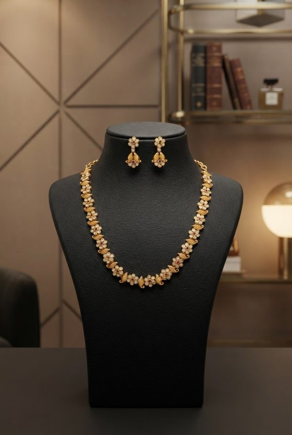 Floral Gold Plated White & Pink Stone Necklace Set