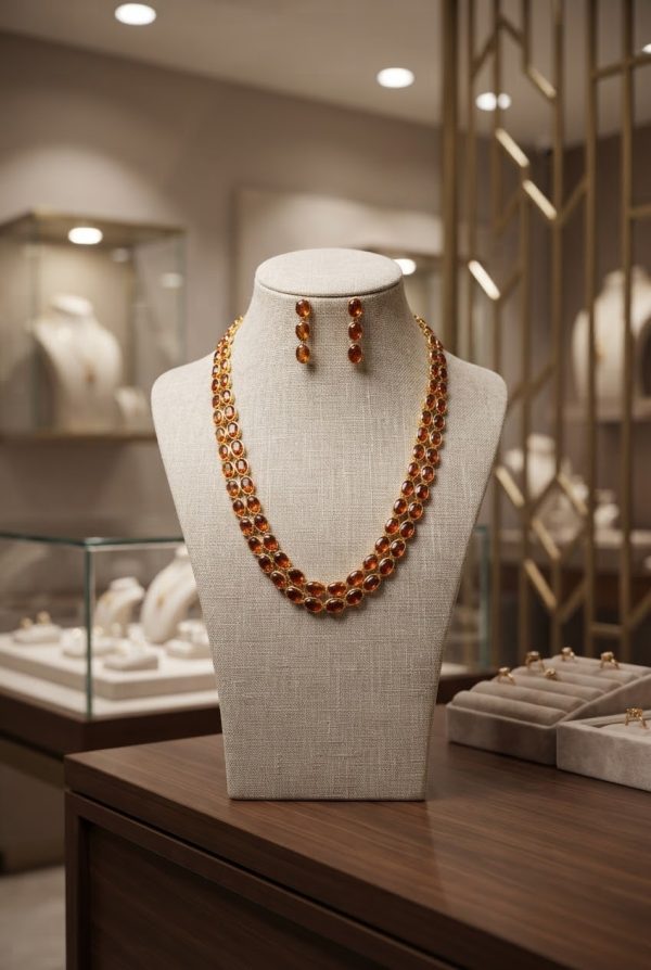 Dusty Orange Double Layered Necklace Set With Earrings
