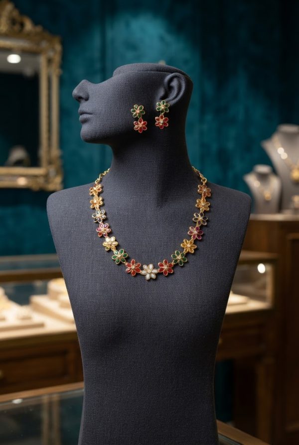 Floral Design Multicolor Stone Work Necklace Set With Earrings