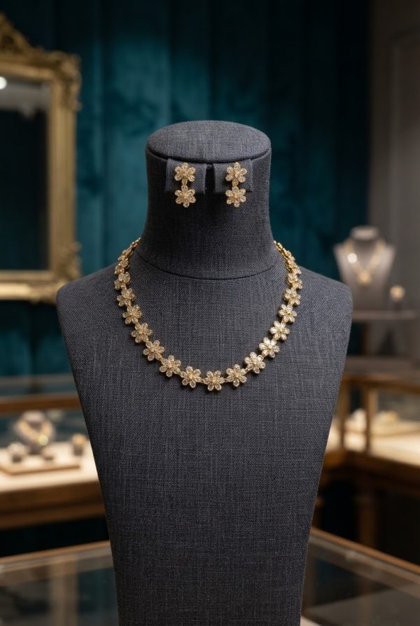 Floral Design White Stone Work Necklace Set With Earrings