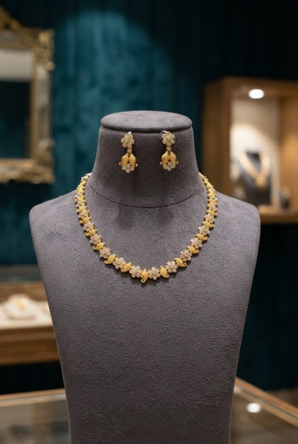 Floral Gold Plated White Stone Necklace Set With Earrings