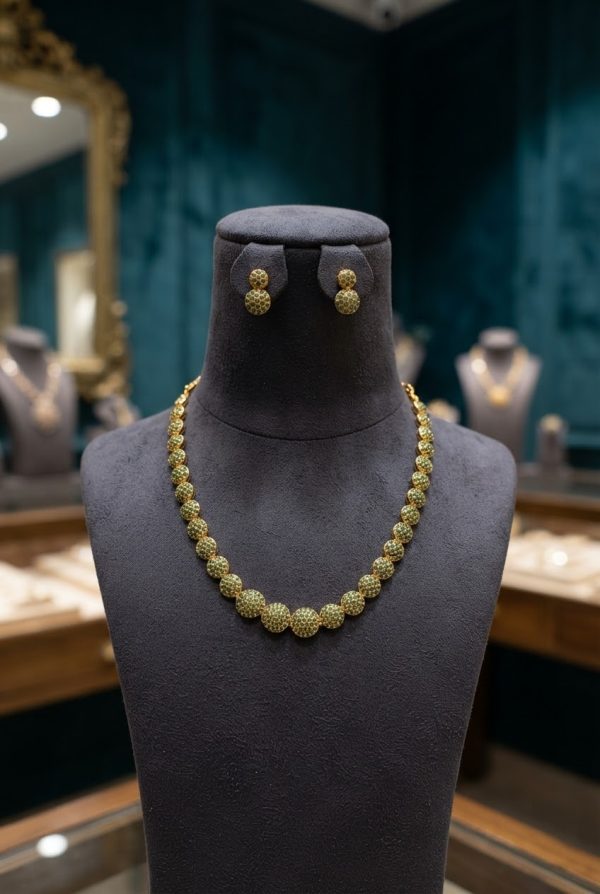 Green Stone Gold Chain Necklace Set With Earrings