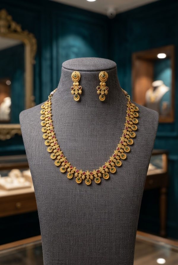 Mrinalini Gold Plated Rani Pink & Green Stone Necklace Set