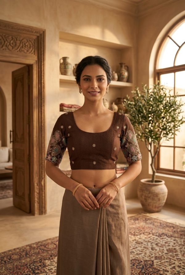 Brown Embroidery Stretchable Blouse