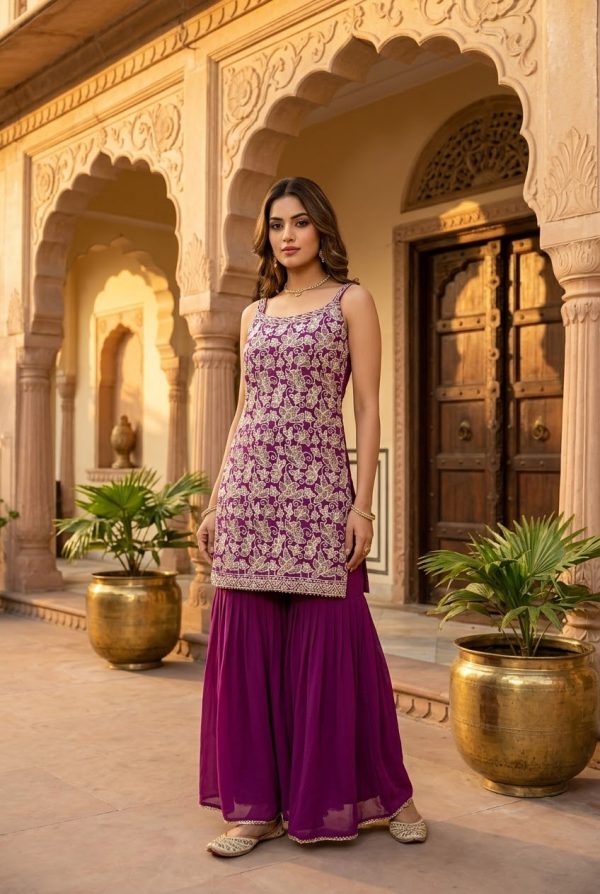 Purple Embroidery Flared Palazzo Suit Set With Dupatta