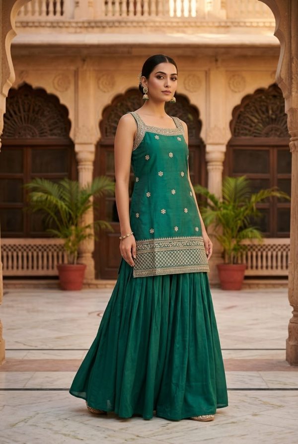 Bottle Green Embroidery Palazzo Suit Set With Dupatta