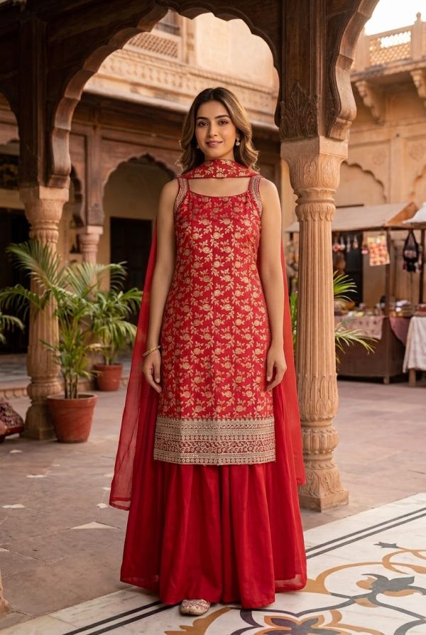 Red Banarasi Worked Palazzo Suit Set With Dupatta