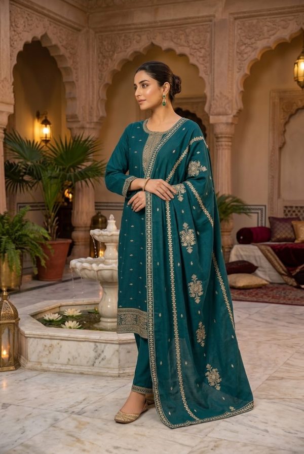 Bottle Green Soft Silk Salwar Suit Set With Embroidery Dupatta