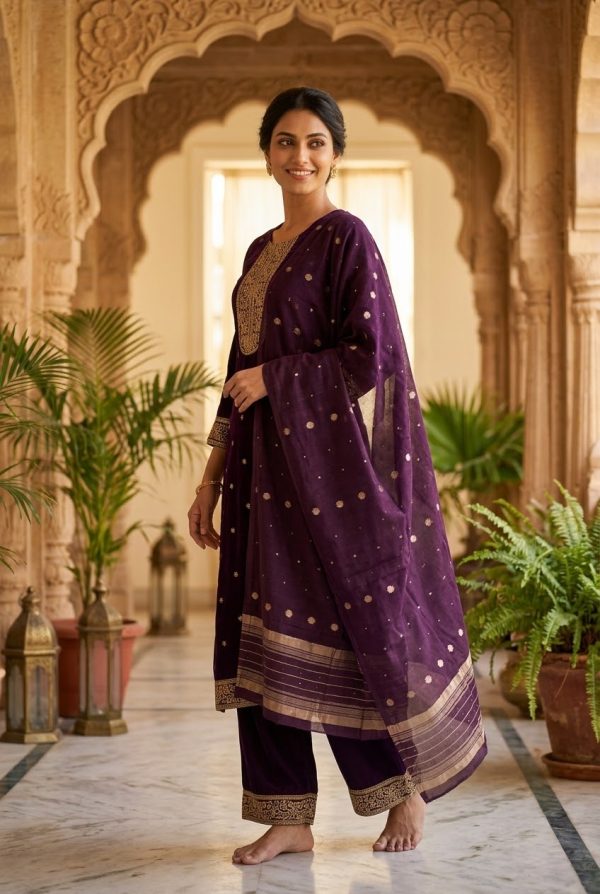 Wine Embroidery Suit Set With Matching Pant And Dupatta
