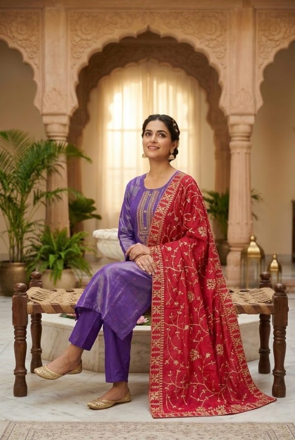 Dual Shade Purple Salwar Suit With Embroidery Dupatta Set