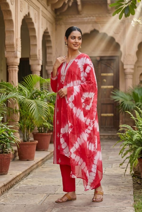 Red Embroidery Floral Print Salwar Suit Set With Dupatta