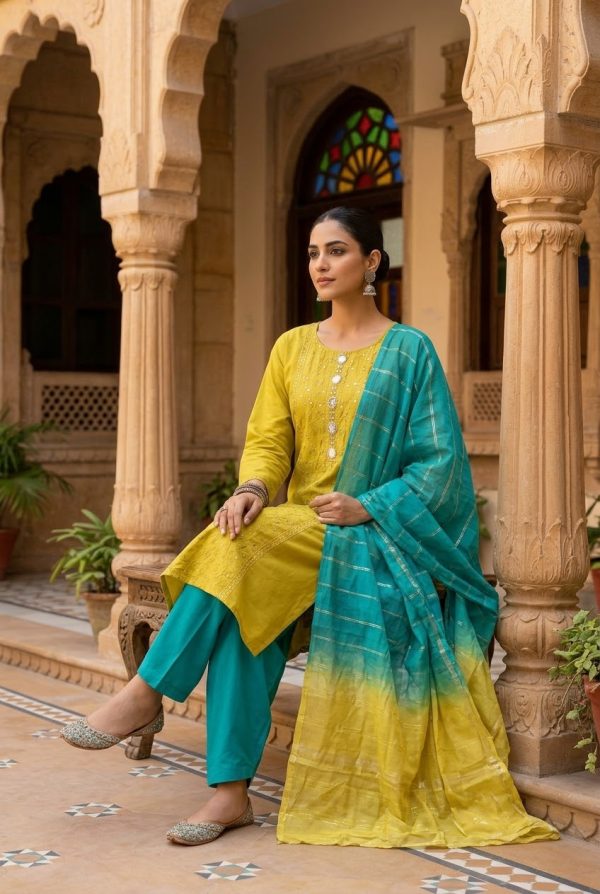 Dual Shade Embroidery Work Salwar Suit With Dupatta