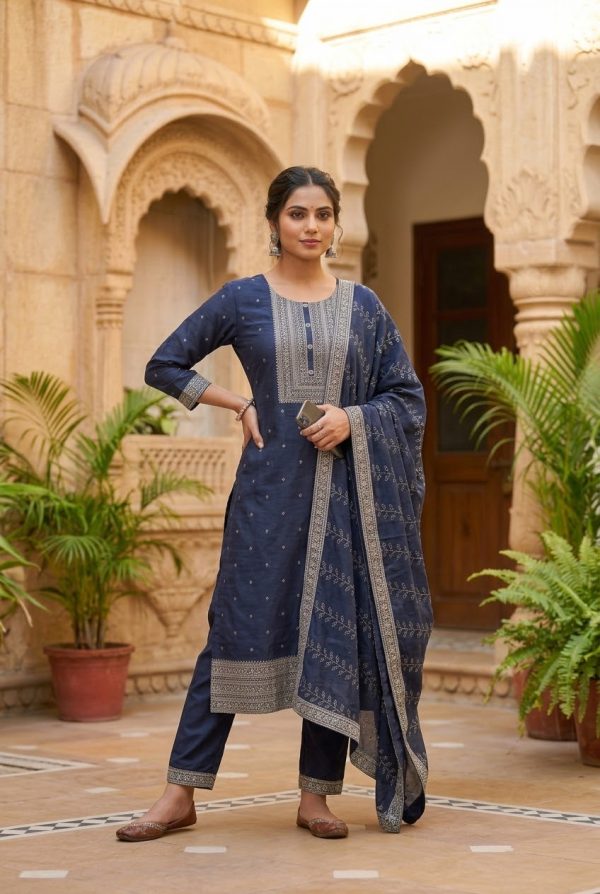Navy Blue Heavy Embroidery Silk Salwar Set With Dupatta
