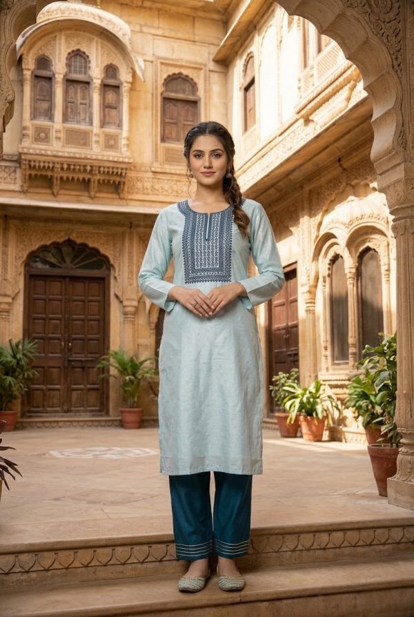Powder Blue Suit Set With Dual Shade Silk Dupatta