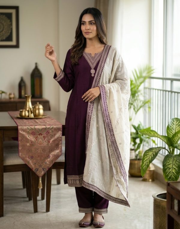 Wine Shade Soft Silk Salwar Suit Set With Dupatta