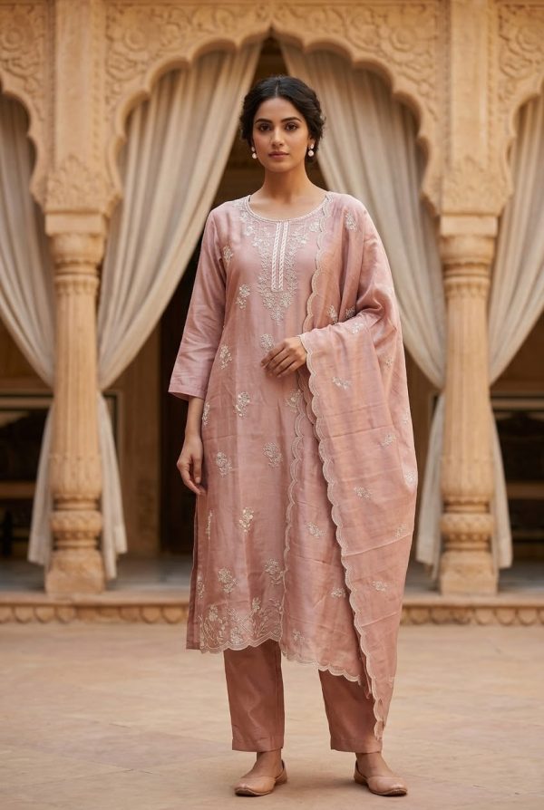 Dusty Rose Soft Silk Floral Embroidery Salwar Suit Set