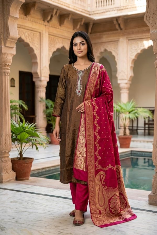 Dual Tone Silk Salwar Suit Set With Banarasi Dupatta