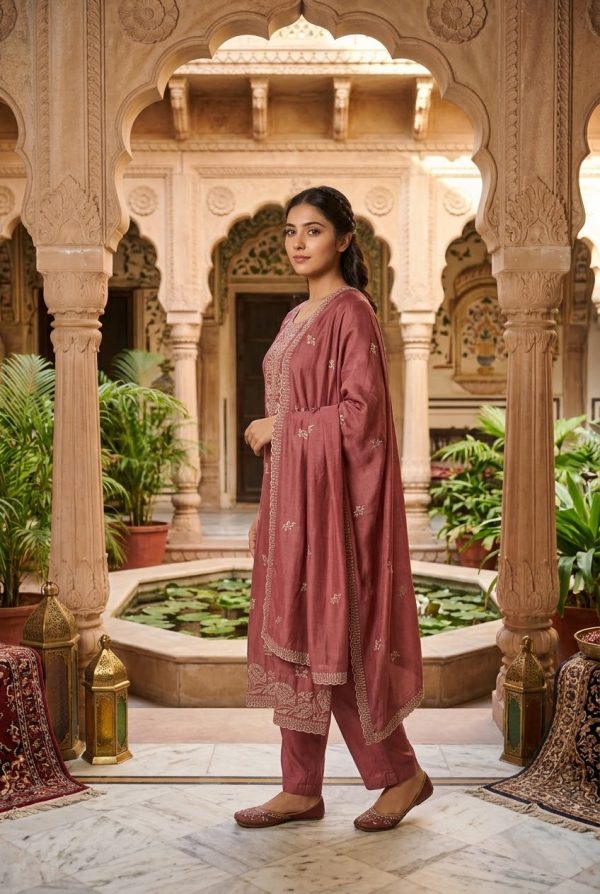 Dusty Pink Soft Silk Floral Embroidery Salwar Suit Set