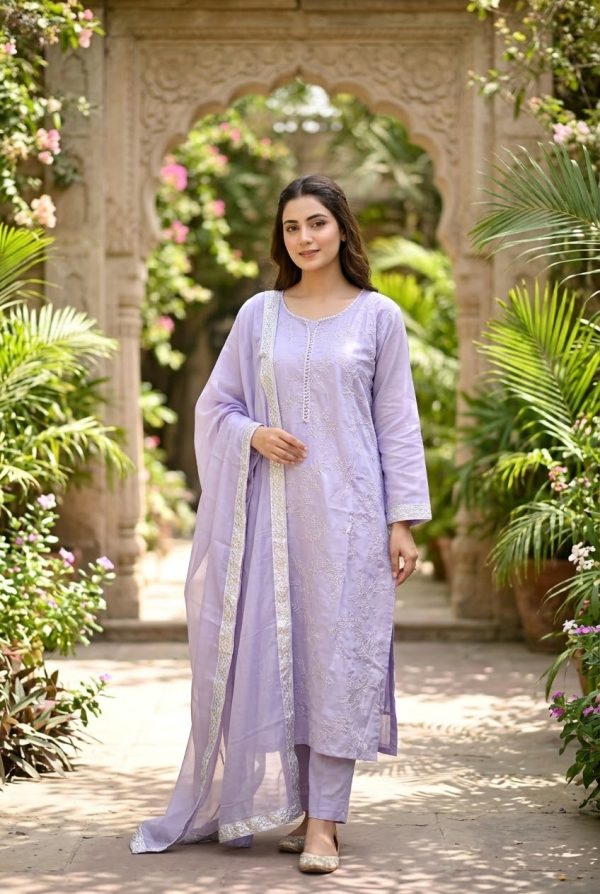 Light Lavender Embroidery Work Salwar Suit Set With Dupatta