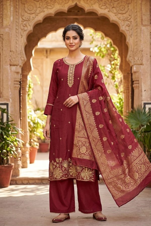 Red Salwar Suit Set With Handwork & Embroidery