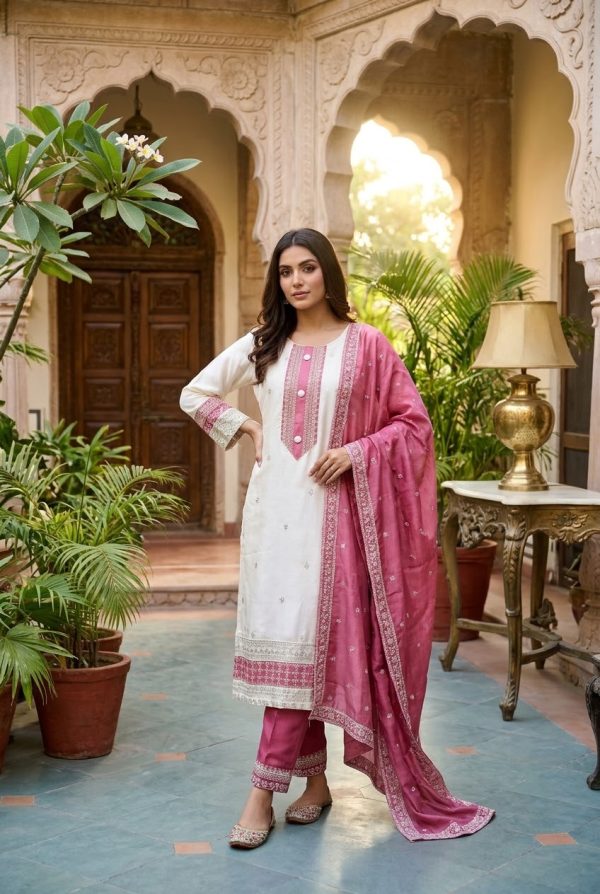 Cream And Pink Shade Soft Silk Salwar Suit Set With Dupatta