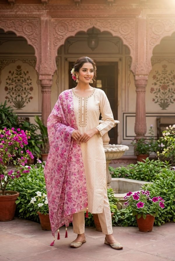 Tissue Silk Cream Shade Salwar Suit Set With Floral Dupatta